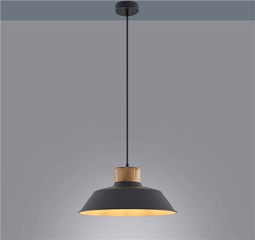 Lindby - hanglamp - 1licht - staal, pijnboomhout - H: 14 cm - E27 - zandzwart, donker hout, wit