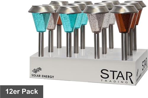 Star Trading Solar grondspies Ibiza, LED, 12 stuks, buiten, kleurrijk, padverlichting, schemersensor, 29 cm