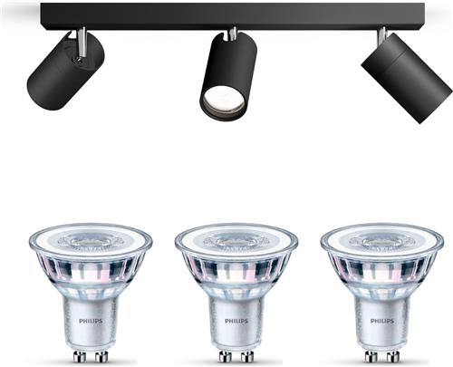Philips Idris Opbouwspot voor Badkamer (Zwart) - Badkamerlamp - Warmwit Licht - Plafondspot met 3 Lichtpunten - GU10 - SceneSwitch - Eenvoudig Dimbaar met Je Klassieke Schakelaar