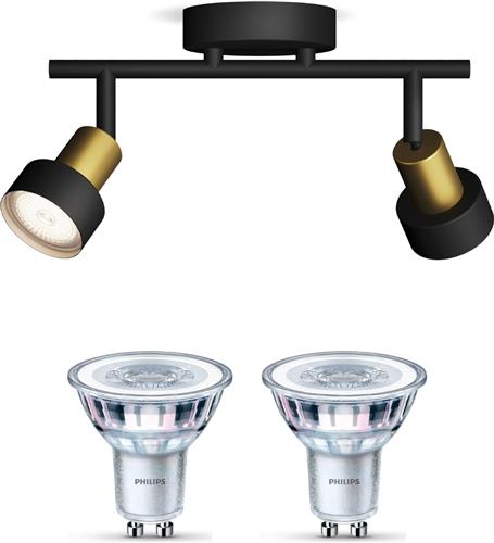 Philips Conduit Opbouwspot (Zwart/Goud) - Warmwit Licht - Plafondspot met 2 Lichtpunten - GU10 - SceneSwitch - Eenvoudig Dimbaar met Je Klassieke Schakelaar