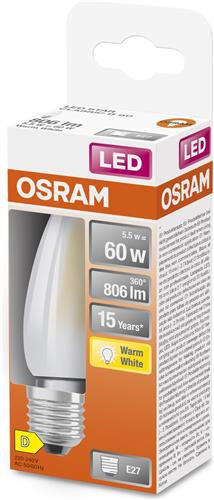 OSRAM LED Star Classic LED-Lampe in klassischer Minikerzenform, weiß, warmweißes Licht (2700 K) mit 5.5W / 806 lm, aus gefrostetem bleifreiem Glas, E27 Sockel, IP20, EEK D, 35 mm Durchmesser.