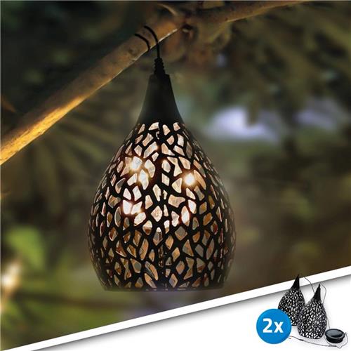 Solar tuinverlichting - Hanglamp 'Saga' - Voordeelset van 2 stuks - Warm wit licht - Schemersensor - Buitenlamp op zonne-energie - Zwart