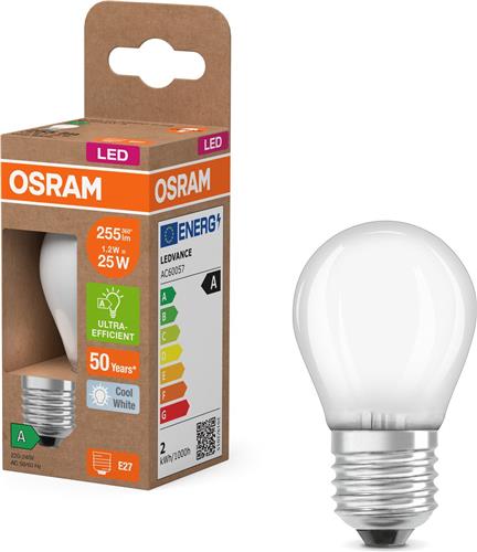 Osram LED lamp in classic miniball shape, with decorative LED filament in frosted design, energy efficiency class A, E27, 1.2 W, 255 lm, 4000 K, cool white. 100% light straight away.