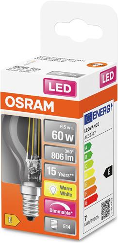 LEDVANCE 4058075447875 LED-lamp Energielabel E (A - G) E14 Kogel 6.5 W = 60 W Warmwit (Ø x l) 45.0 mm x 78.0 mm 1 stuk(s)