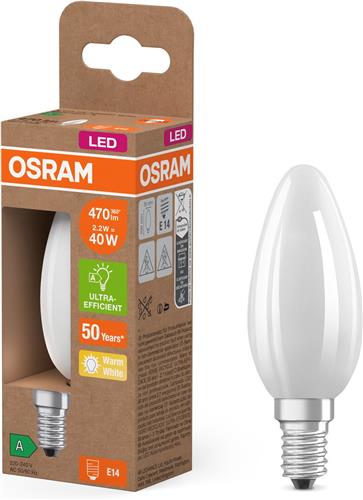OSRAM LED Superstar Classic LED-lamp B 40 in klassieke mini-kaarsvorm van matglas, 2,2 W, 470 lm, E14 fitting, warm wit licht met 2700 K, EEK A, 35 mm diameter.