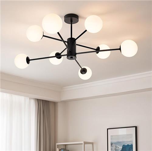 Design zwarte plafondlamp met melkwit glas - 8-lichts Idaho