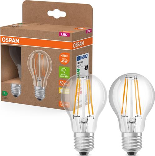 OSRAM LED Superstar Classic LED-lamp A 40 in klassieke gloeilampvorm, behuizing van helder glas, 2,2 W, 470 lm, E27 fitting, warm wit licht met 2700 K, EEK A, diameter 60 mm.