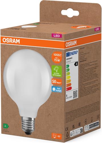 Osram LED lamp in classic globe shape, with decorative LED filament in frosted design, energy efficiency class A, E27, 5 W, 1055 lm, 6500 K, daylight white. 100% light straight away.