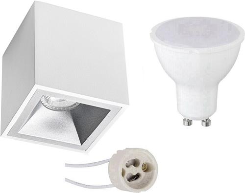 Opbouwspot Set - Pragmi Cliron Pro - GU10 Fitting - Dimbaar - Opbouw Vierkant - Mat Wit/Zilver - 6W - Warm Wit 3000K - Verdiept - 90mm