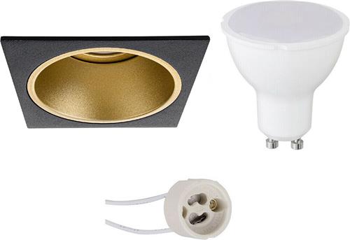LED Spot Set - Pragmi Minko Pro - GU10 Fitting - Dimbaar - Inbouw Vierkant - Mat Zwart/Goud - 6W - Helder/Koud Wit 6400K - Verdiept - 90mm