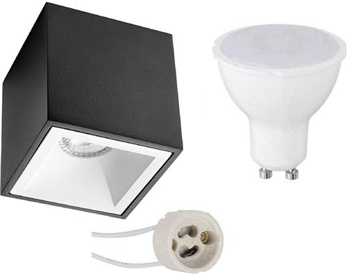 Opbouwspot Set - Aigi - Pragmi Cliron Pro - GU10 Fitting - Opbouw Vierkant - Mat Zwart/Wit - 8W - Warm Wit 3000K - Verdiept - 90mm