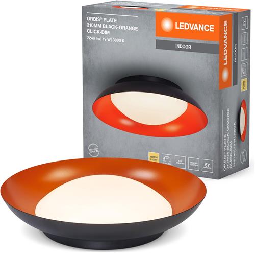LEDVANCE Orbis Plate LED plafondlamp, zwart-oranje, 19W, 1000lm, 3000K, 310mm, 830 vriendelijk warm wit, dimbaar in 3 niveaus door te trappen, IP20 bescherming, inclusief montageschroeven en pluggen