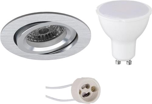 LED Spot Set - Pragmi Aerony Pro - GU10 Fitting - Inbouw Rond - Mat Zilver - 4W - Helder/Koud Wit 6400K - Kantelbaar - Ø82mm