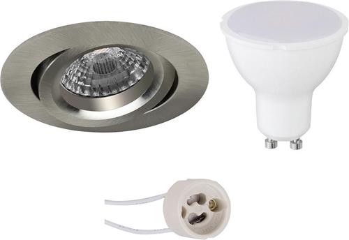 LED Spot Set - Pragmi Aerony Pro - GU10 Fitting - Dimbaar - Inbouw Rond - Mat Nikkel - 6W - Helder/Koud Wit 6400K - Kantelbaar - Ø82mm