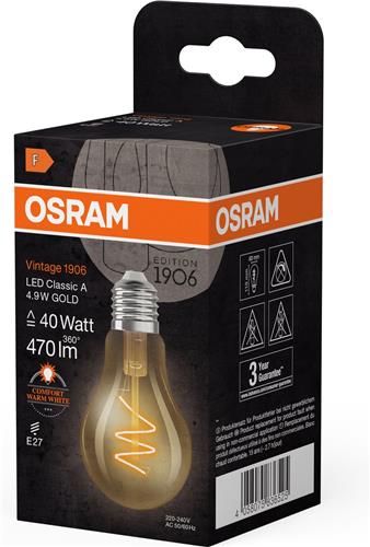 OSRAM Vintage 1906 Klassieke, warmwitte LED-lamp met spiraalvormige gloeidraad in klassieke gloeilampvorm, biedt 4,9 W voor 470 lm, E27 fitting, goudkleurig glas, 60 mm diameter, 2200 K.