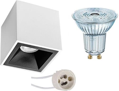 Opbouwspot Set - OSRAM Parathom PAR16 930 36D - Pragmi Cliron Pro - GU10 Fitting - Dimbaar - Opbouw Vierkant - Mat Wit/Zwart - 3.7W - Warm Wit 3000K - Verdiept - 90mm