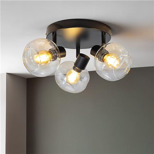 Ronde plafondlamp zwart met transparant glas, 3-lichts - Jenthe