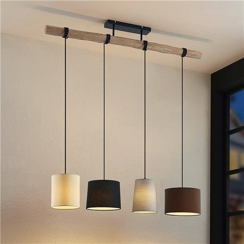 Lindby - Hanglamp - 4lichts - hout, stof, ijzer - E27 - hout natuur, zwart, grijs, beige