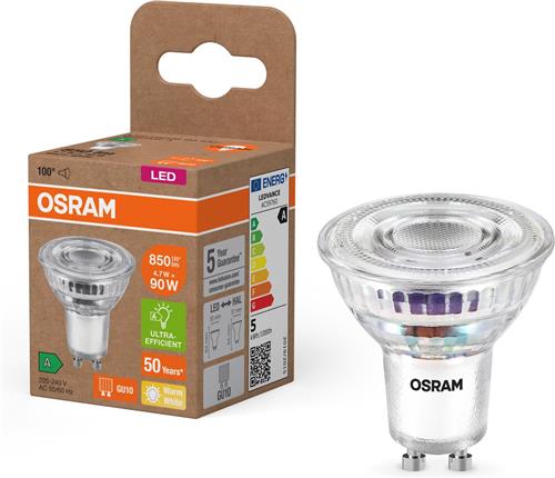 OSRAM Energieklasse LED-reflectorlamp PAR16 met 4,7 W, 850 lm, warm wit (2700 K) gemaakt van helder loodvrij glas met GU10 voet in energie-efficiëntieklasse A, 50 mm diameter, IP20.