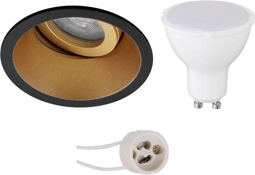 LED Spot Set - Pragmi Zano Pro - GU10 Fitting - Dimbaar - Inbouw Rond - Mat Zwart/Goud - 6W - Helder/Koud Wit 6400K - Kantelbaar - Ø93mm