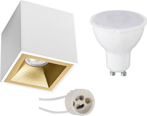 Opbouwspot Set - Pragmi Cliron Pro - GU10 Fitting - Dimbaar - Opbouw Vierkant - Mat Wit/Goud - 6W - Natuurlijk Wit 4200K - Verdiept - 90mm