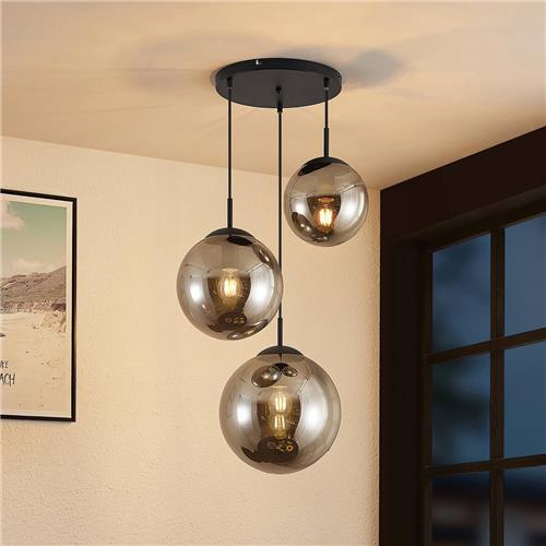 Lindby - hanglamp - 3lichts - glas, staal - E27 - rookgrijs, zwart