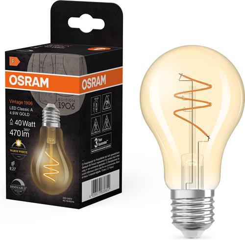 OSRAM Vintage 1906 Klassieke, warmwitte, dimbare LED-lamp in bolvorm met spiraalvormige gloeidraad, biedt 4,9 W voor 470 lm, E27 fitting, goudkleurig glas, 60 mm diameter, 2700 K.