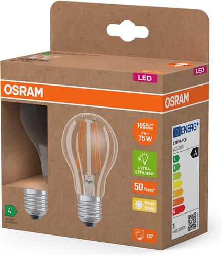OSRAM LED Superstar Classic LED-lamp A 75 in klassieke gloeilampvorm, behuizing van helder glas, 5 W, 1055 lm, E27 fitting, warm wit licht met 2700 K, EEK A, diameter 60 mm.