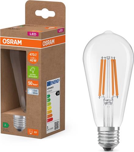 Osram LED lamp in classic globe shape, with decorative LED filament in frosted design, energy efficiency class A, E27, 7.2 W, 1521 lm, 4000 K, cool white. 100% light straight away.