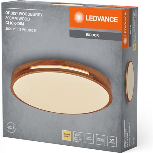 LEDVANCE ORBIS Woodburry LED wand-/plafondlamp met houtdecor, 16W, 1000lm, 3000K, 300mm diameter, 830 vriendelijk warm wit, IP20 bescherming, inclusief montageschroeven en pluggen
