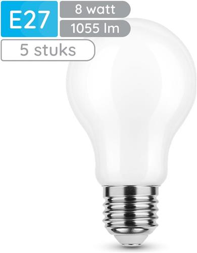 Modee E27 LED Lamp 8W - 1055lm - 4000K - Neutraal Wit - LED Filament Melkglas Globe A60 - Vervangt 75W Halogeen Gloeilamp - 5 stuks
