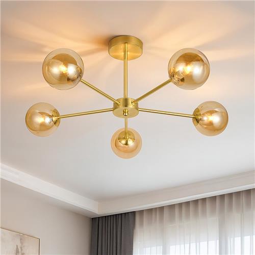 Goudkleurige plafondlamp met amberkleurig glas, 5-lichts - Louisa