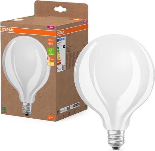 Osram LED lamp in classic globe shape, with decorative LED filament in frosted design, energy efficiency class A, E27, 11.6 W, 2452 lm, 4000 K, cool white. 100% light straight away.