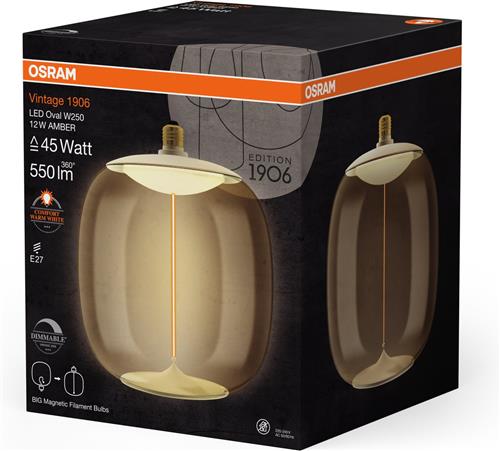 OSRAM Vintage 1906 Big Oval, dimbare, decoratieve lamp gemaakt van kunststof met LED filament magneettechnologie, biedt 12 W, 550 lm, E27 fitting, amberkleurig ontwerp, 250 mm diameter, CRI 80.