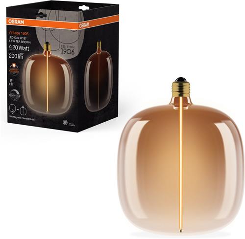 OSRAM Vintage 1906 Big Oval, dimbare, decoratieve lamp met LED-filamentmagneettechnologie, biedt 4,8 W voor 200 lm, E27-fitting, theebruin ontwerp, 187 mm diameter, CRI 80.