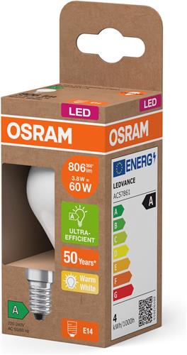 OSRAM Energy Class LED-lamp in klassieke minibolvorm, 3,8 W / 806 lm, EEK A, warm wit licht (2700 K), CRI 80, gemaakt van mat loodvrij glas, E14 fitting, IP20, 45 mm diameter.