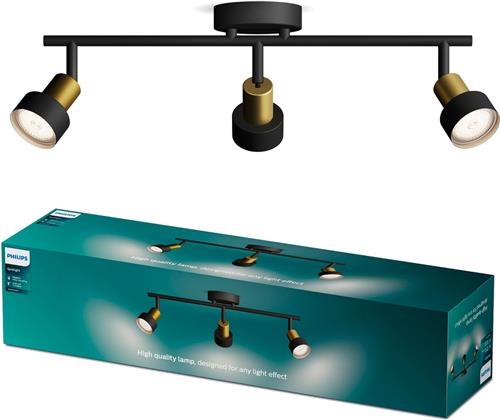 Philips Conduit Spot - Plafondspot met drie lichtpunten - Zwart met goud design - GU10 LED fitting