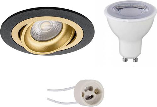 LED Spot Set - Pragmi Alpin Pro - GU10 Fitting - Dimbaar - Inbouw Rond - Mat Zwart/Goud - 6W - Helder/Koud Wit 6400K - Kantelbaar Ø92mm