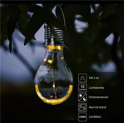 Solar tuinverlichting - Hanglamp vintage gloeilamp look 'Eddy' - Set van 4 stuks - Warm wit licht - Buitenlampen op zonne-energie