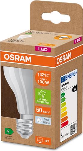 Osram Classic LED E27 Peer Filament Mat 7.2W 1521lm Ultra Efficiency - 840 Koel Wit | Vervangt 100W