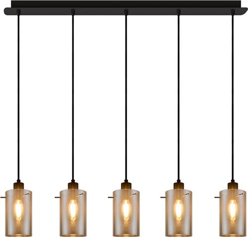 Mat zwarte hanglamp met smoke grijs glas 5-lichts Texas