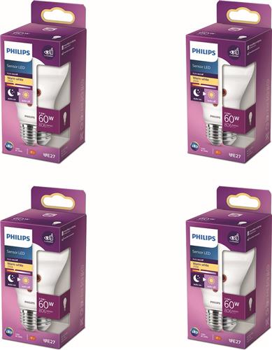 Philips Voordeelverpakking - E27 - LED Standaardlamp met Schemersensor - Mat - 60W - Niet Dimbaar - Warmwit Licht - Set van 4 Stuks
