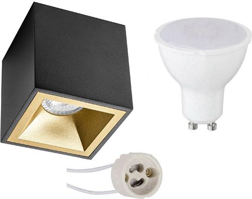 Opbouwspot Set - Pragmi Cliron Pro - GU10 Fitting - Dimbaar - Opbouw Vierkant - Mat Zwart/Goud - 6W - Helder/Koud Wit 6400K - Verdiept - 90mm