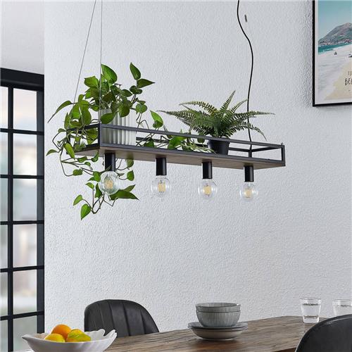Lindby - hanglamp - 4lichts - Ijzer, dennenhout - H: 15 cm - E27 - zwart, donker den