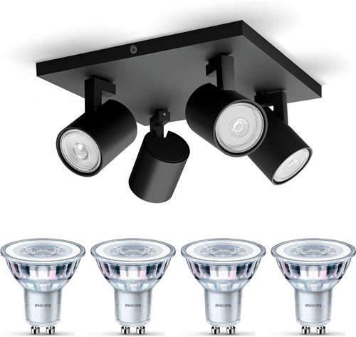 Philips Runner Opbouwspot (Zwart) - Warmwit Licht - Plafondspot met 4 Lichtpunten - GU10 - Niet Dimbaar
