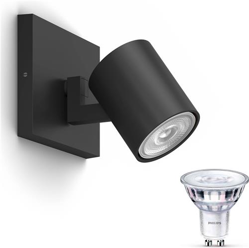 Philips Runner Opbouwspot (Zwart) - Warmwit Licht - Wandspot of Plafondspot met 1 Lichtpunt - GU10 - SceneSwitch - Eenvoudig Dimbaar met Je Klassieke Schakelaar