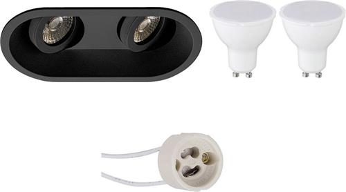LED Spot Set - Pragmi Zano Pro - GU10 Fitting - Dimbaar - Inbouw Ovaal Dubbel - Mat Zwart - 6W - Natuurlijk Wit 4200K - Kantelbaar - 185x93mm