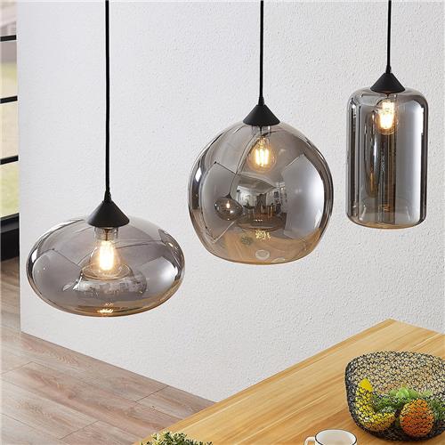 Lindby - hanglamp - 3 lichts - Metaal, glas - E27 - rokerig grijs