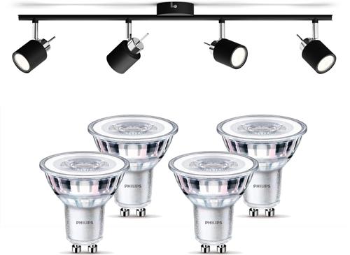 Philips Meranti Opbouwspot (Zwart) - Warmwit Licht - Plafondspot met 4 Lichtpunten - GU10 - SceneSwitch - Eenvoudig Dimbaar met Je Klassieke Schakelaar