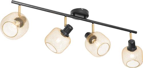 QAZQA bliss_mesh - Industriele Plafondspot | Spotje | Opbouwspot - 4 lichts - L 900 mm - Zwart Goud - Industrieel - Woonkamer | Slaapkamer | Keuken